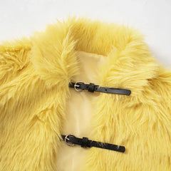 Fluffy Faux Fur Crop Belt Buckle Jacket