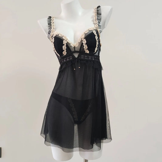 Floral Lace Mesh Embroidery Mini Nightgown