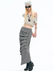 Ruched Bottom Button Zip Mid-Calf Skirts