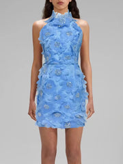 Halter 3d Flower Appliques Mini Dress
