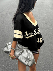 Knit Letter Print V-neck T-Shirt