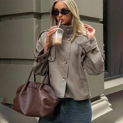 Plaid Print Stand Collar Pocket Jacket