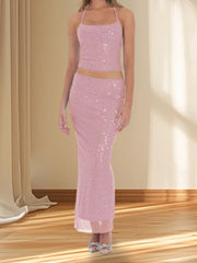 Sequin Crop Top And Low Rise Long Bodycon Skirt Set