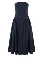 Strapless Lace Up Flare Pleated Midi Dress