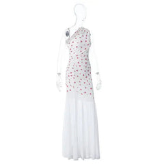 One Shoulder Floral Print Ruched Mesh Hem Maxi Dress