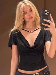 Black Draped Neckline T-Shirt