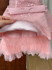 Sequin Bow Tie Tulle Hem A-line Strapless Mini Dress