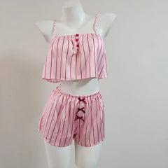 Pink Striped Satin Crop Top And Shorts Loungewear Set
