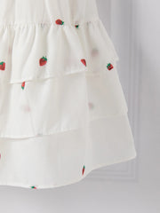 White Strawberry Print Puff Sleeve Frill Mini Dress