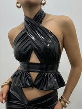 Black Faux Leather Cross Halter Crop Top