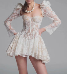 White Lace Flare Sleeve Corset Frill Mini Dress