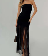 Black Strapless Drawstring Maxi Dress