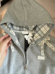 Lace Patchwork Bow Zip Hoodie