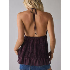 Lace-up Halter Deep V-Neck Smocked Top