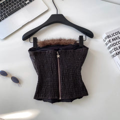 Faux Fur Leather Lace Up Strapless Smocked Crop Top
