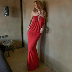 Red Halter Neck O‑Ring Maxi Dress