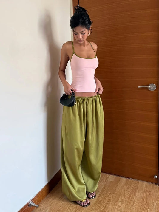 Pink Colour-Blocking Cami Top And Green Elastic Waist Pants Set