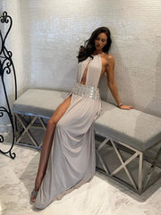Halter Open Back Slit Button Applique Strap Maxi Dress