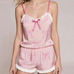 Pink Bow Ruffle Top with Elastic Waist Shorts Pajama Set