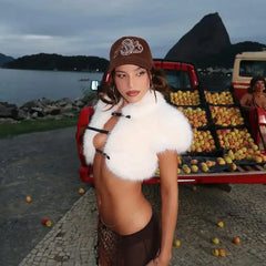 Cropped Faux Fur Lace Up Jacket