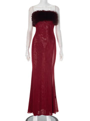 Red Feather Strapless Sheer Maxi Dress