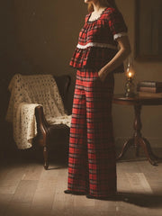 Plaid Short Sleeve Square Neck Top with Elastic Waist Wide Leg Pants Set