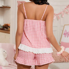 Gingham Lace Trim Spaghetti Strap Top And Ruffle Shorts Set