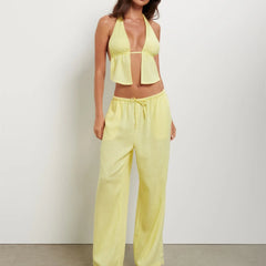Stripe Tie-Up Halter Neck Backless Tank Top And Wide-Leg Pants Set