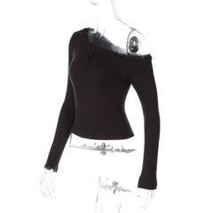 Diagonal Collar Long Sleeve Lace Patchwork Tee