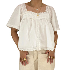 Embroidery Square Neck Button Up Blouse