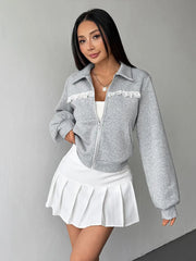 Grey Lace Trim Zipper Sweatshirt
