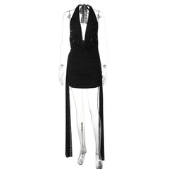 Halter Deep V Neck Teardrop Crystals Draped Mini Dress