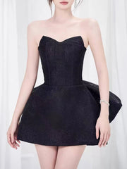Black Strapless Large Back Bow Mesh Mini Dress