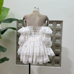 White Square Collar Puff Long Sleeve Lace Trim Floral Embroidered Mini Dress