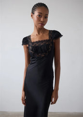 Lace Trim Short Sleeve Satin Maxi Dress