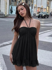 Black Tie Up Frill Babydoll Mini Dress