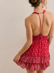 Floral Printed Open Back Halter Mini Dress