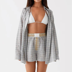 Plaid Button Down Long Sleeve Blouse And Shorts Set