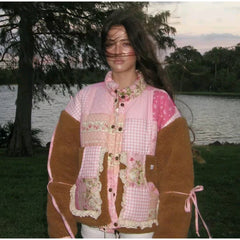 Patchwork Floral Gingham Print Bow Decor Fleece Jacket