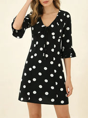Black Polka Dot Print Three Quarter Sleeves Mini Dress