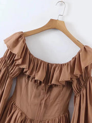 Brown Off Shoulder Long Sleeve Frill Mini Dress