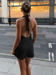 Cowl Neck Halter Water Drop Bead Mini Dress