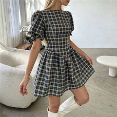 Plaid Round Neck Puff Sleeve Bow Tie Cuffs Mini Dress