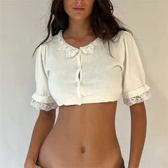 Lace Collar Knit Puff Short Sleeve Button Crop Top