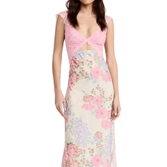 Floral Print Lace Patchwork Cutout V-Neck Midi Dress