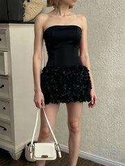 Red Satin Corset Top And 3d Flower Mini Skirt Set