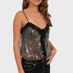 Sequin Sheer Ruffle Trim Spaghetti Strap Tie Crop Top