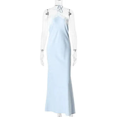 Satin Halter Lace Trim Maxi Dress