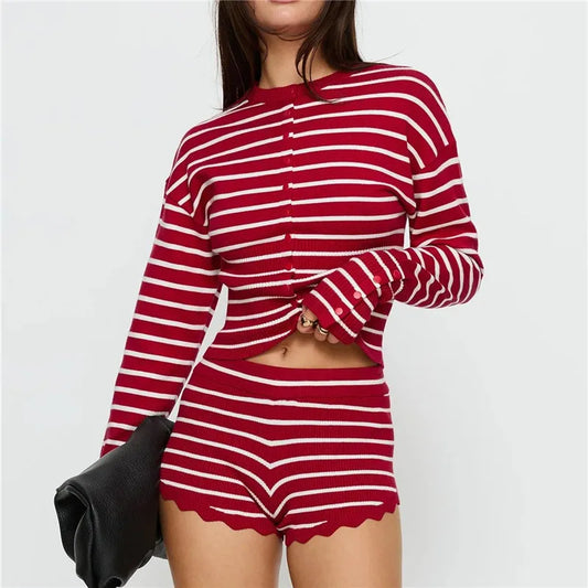 Stripe Knit Cropped Cardigan And Shorts Set