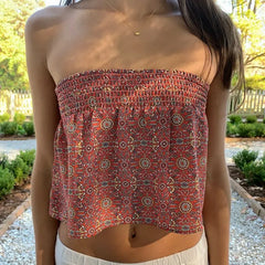 Flower Print Smocked Lace-up Tube Top